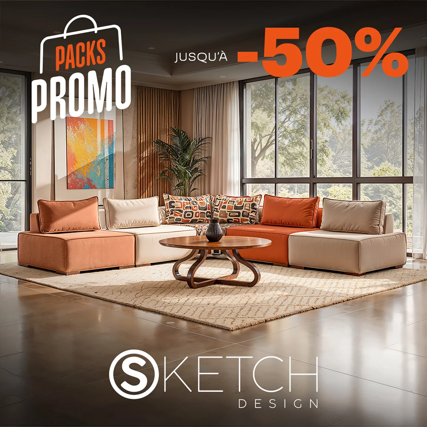Pack Elya Salon en L 350 x 350 cm Curvy Table basse 90 cm Square 1